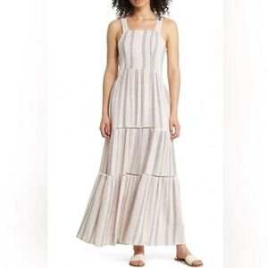 Caslon Cabana Stripe Linen Square Neck Tiered Maxi Dress Sz XL Pink Gray Pockets